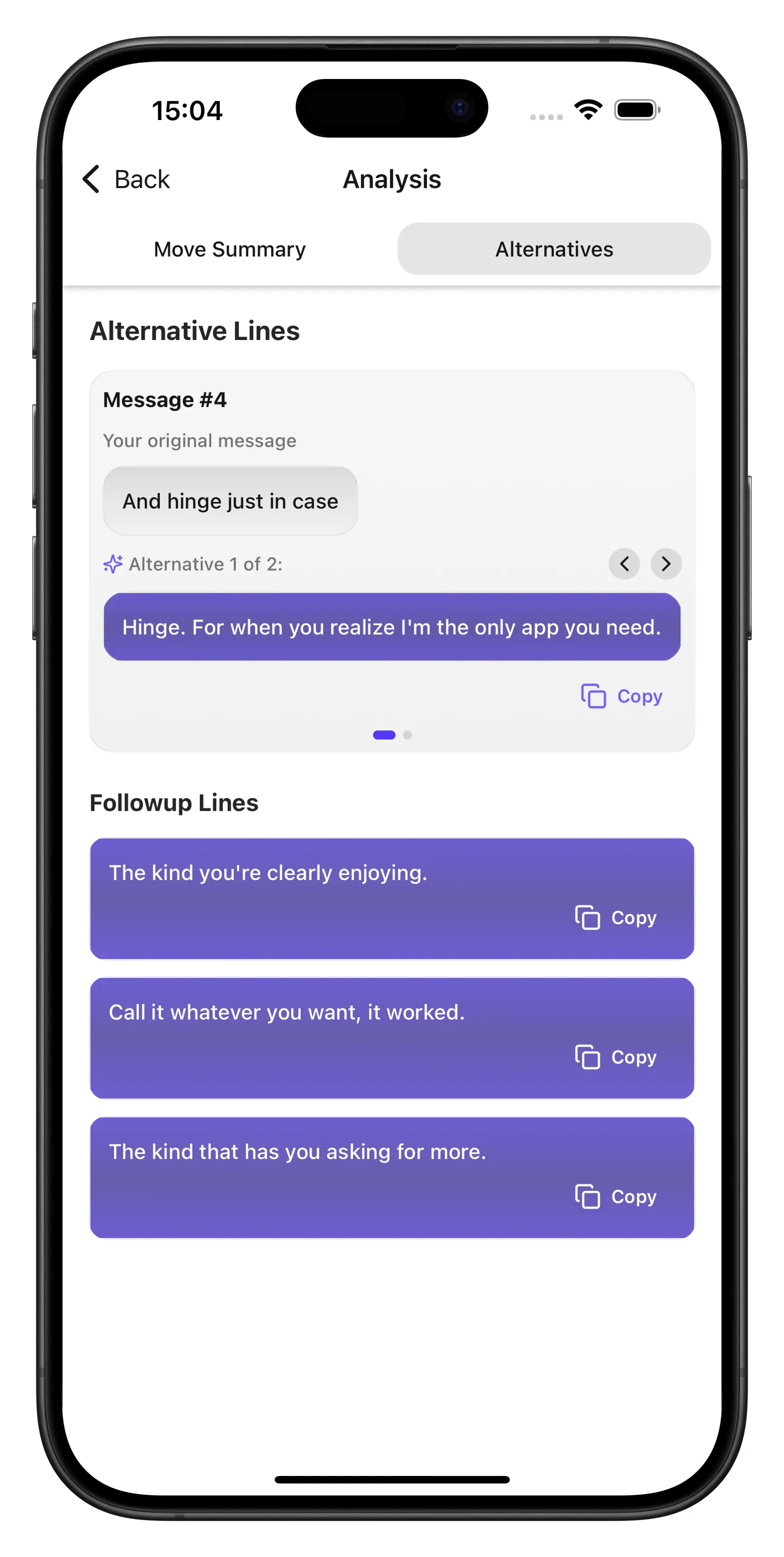 A screenshot of the alternatives screen on the mobile app. It shows alternatives for 2 different messages that the user has chosen