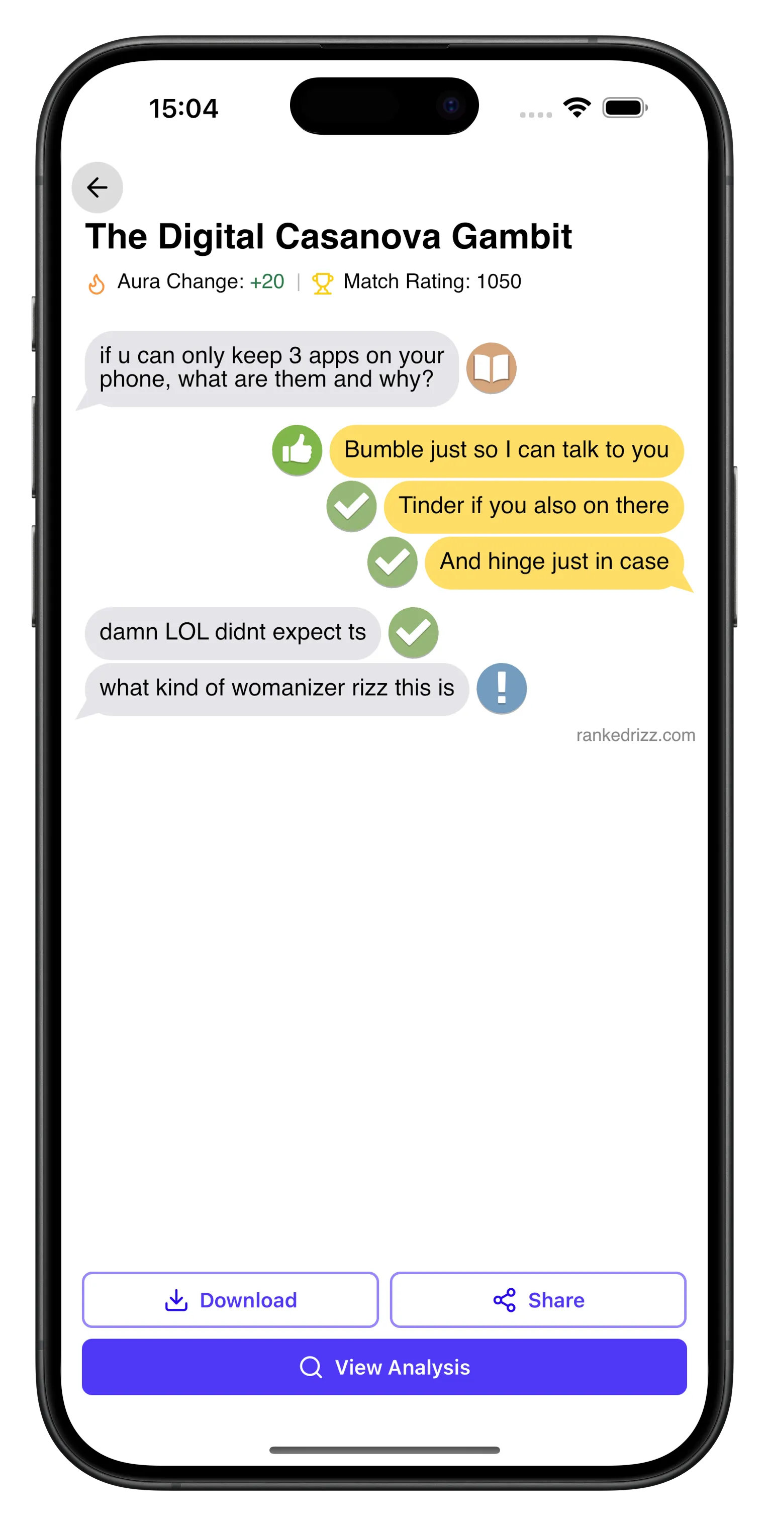 Ranked rizz app analysis screen