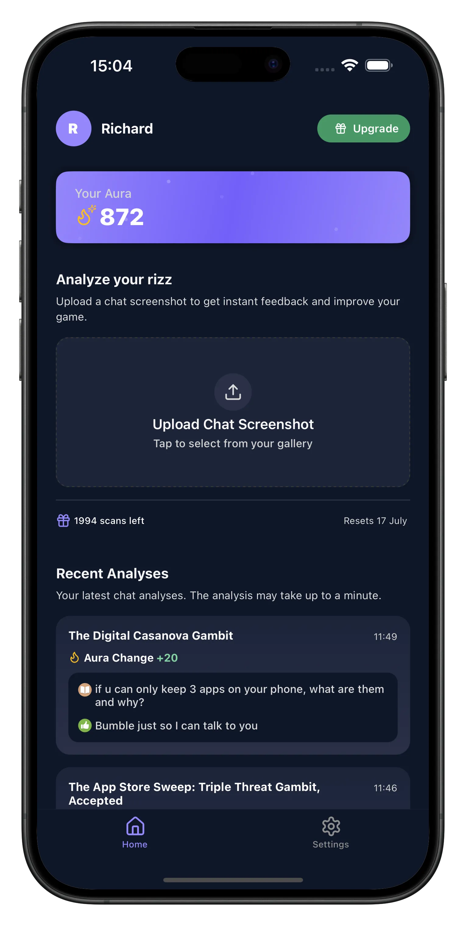 The home screen of the ranked rizz mobile app with dark mode turned on